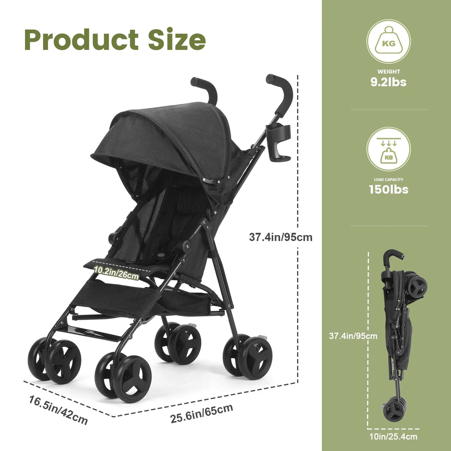Portable Lightweight Baby Stroller Compact Fold Travel Pushchair Green