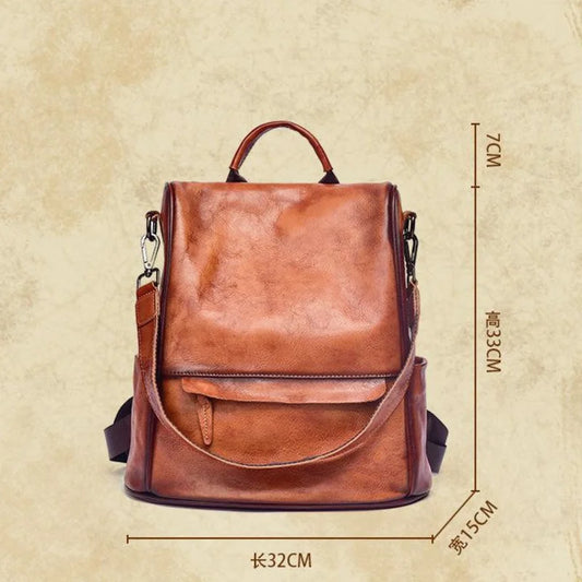Large Capacity Leather Travel Backpack Brown