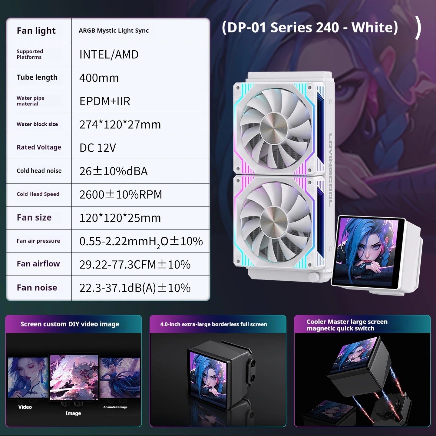 White 240mm AIO Liquid Cooler with 4" Display