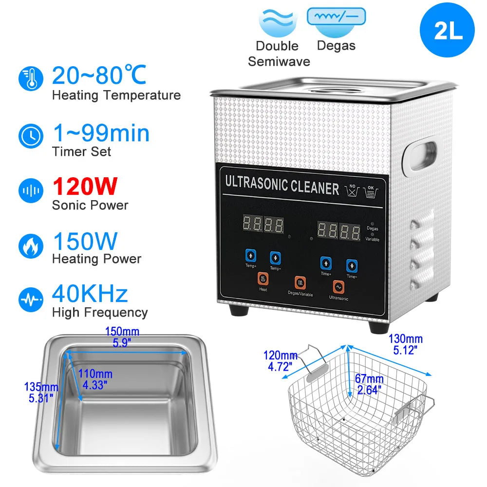 Compact 2L Ultrasound Bath 120W for Jewelry and Retainers