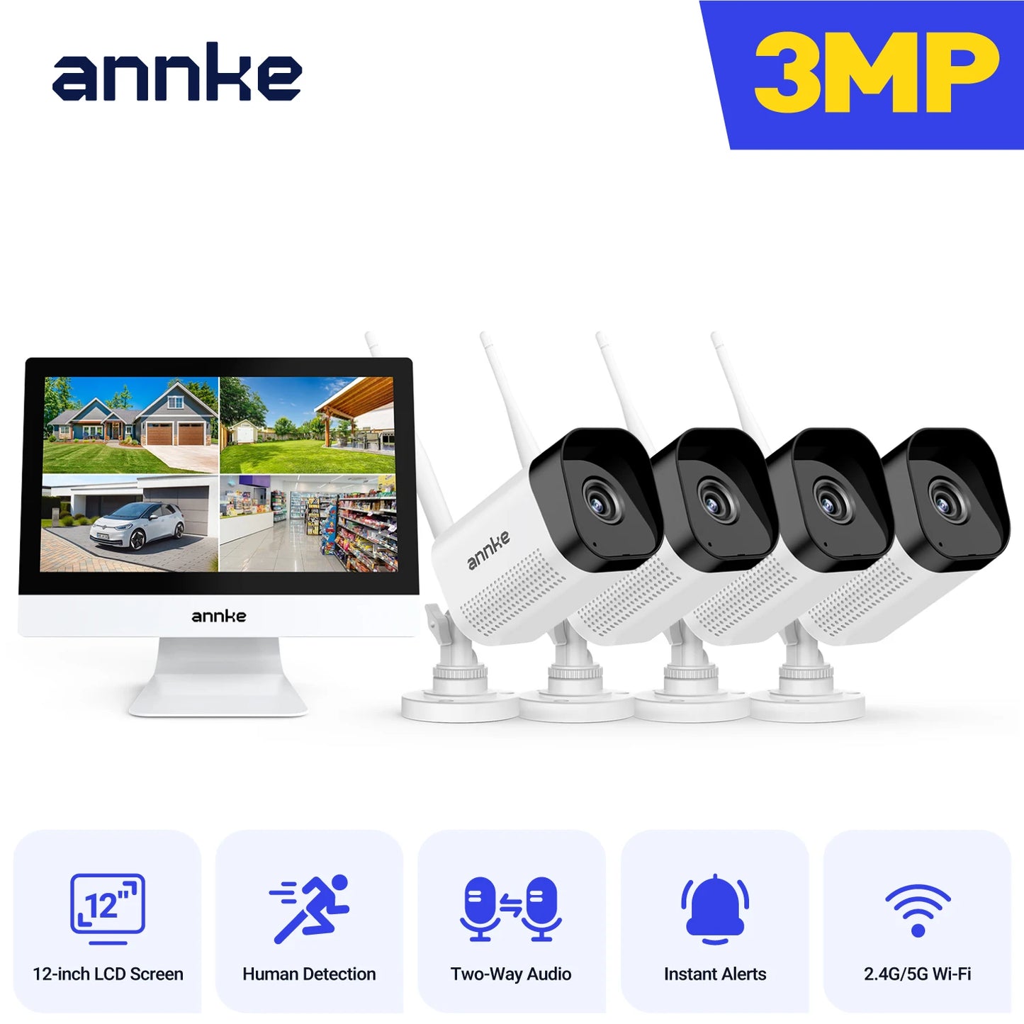 3MP Wireless Security Camera System with 12in Monitor