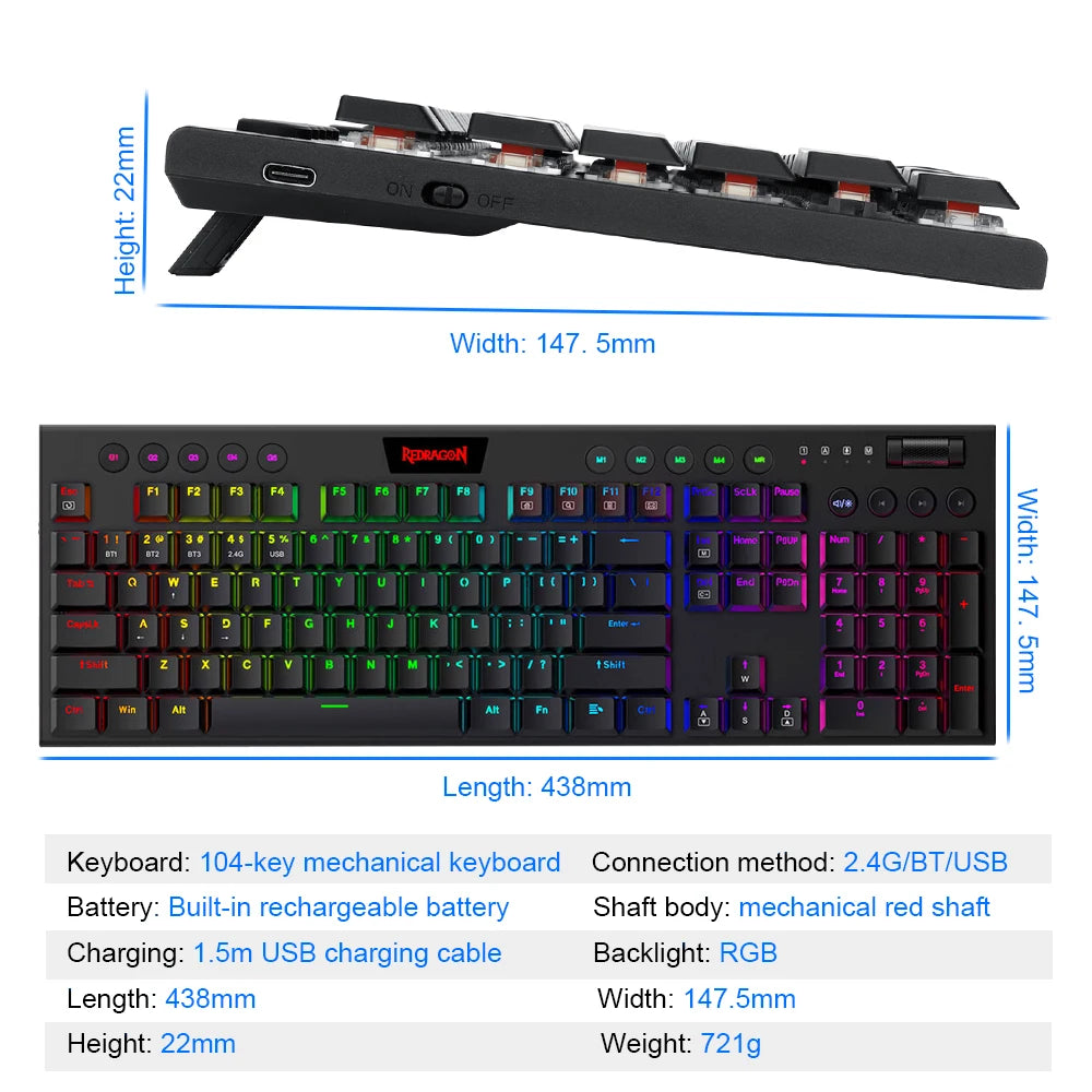 104-Key RGB Mechanical Keyboard USB/Bluetooth Wireless