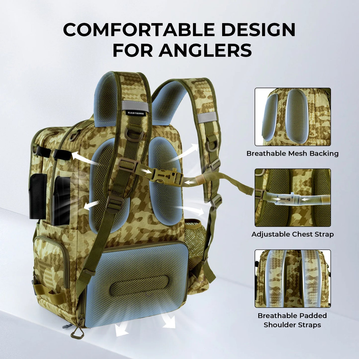 50L Fishing Tackle Backpack with Removable Bait Binder
