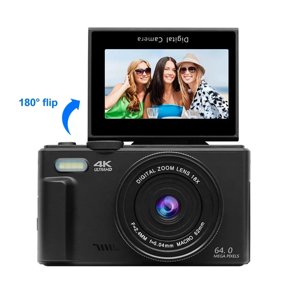 Portable 64MP 4K Vlogging Camera with Flash and 3" Flip Display