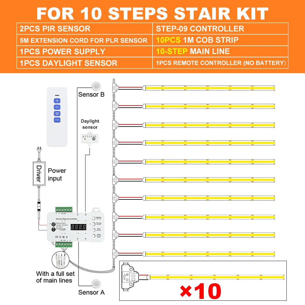 PIR LED Strip Stair Light Kit 10 Warm White Steps
