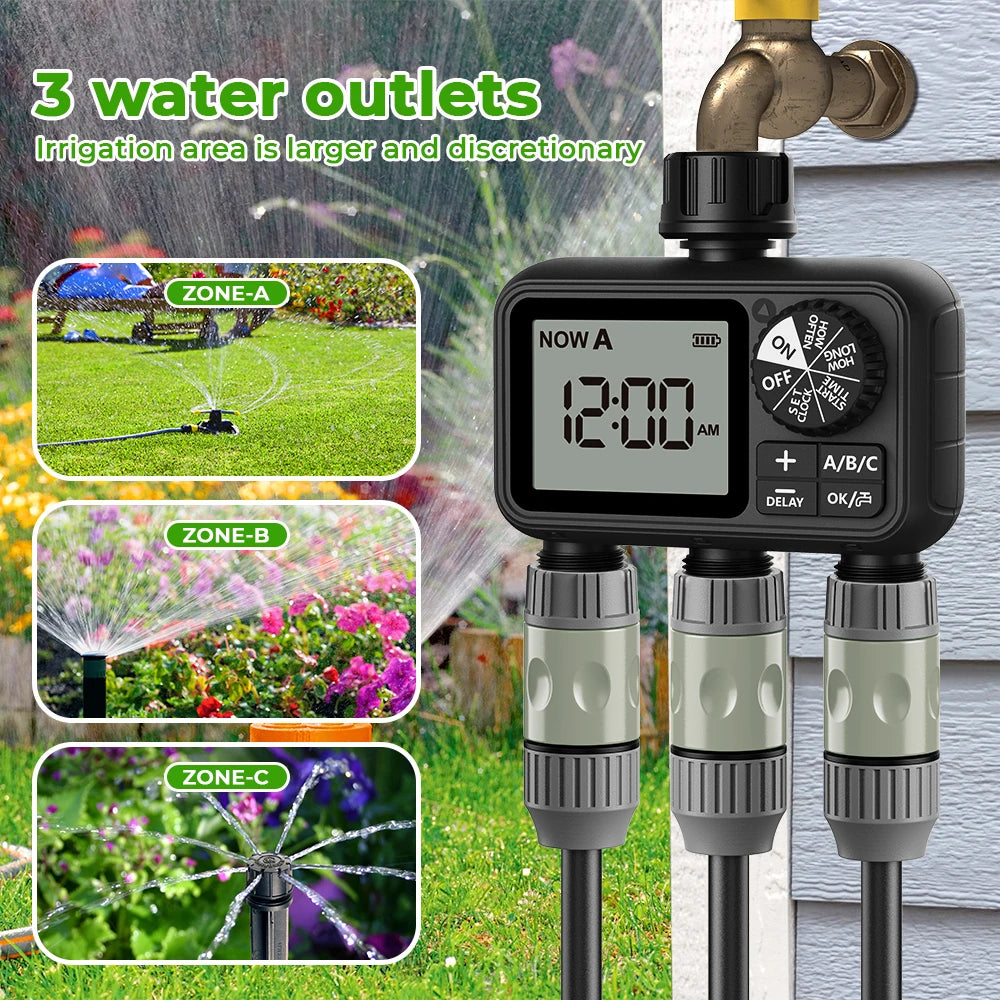 3 Outlet Garden Water Timer with Rain Delay