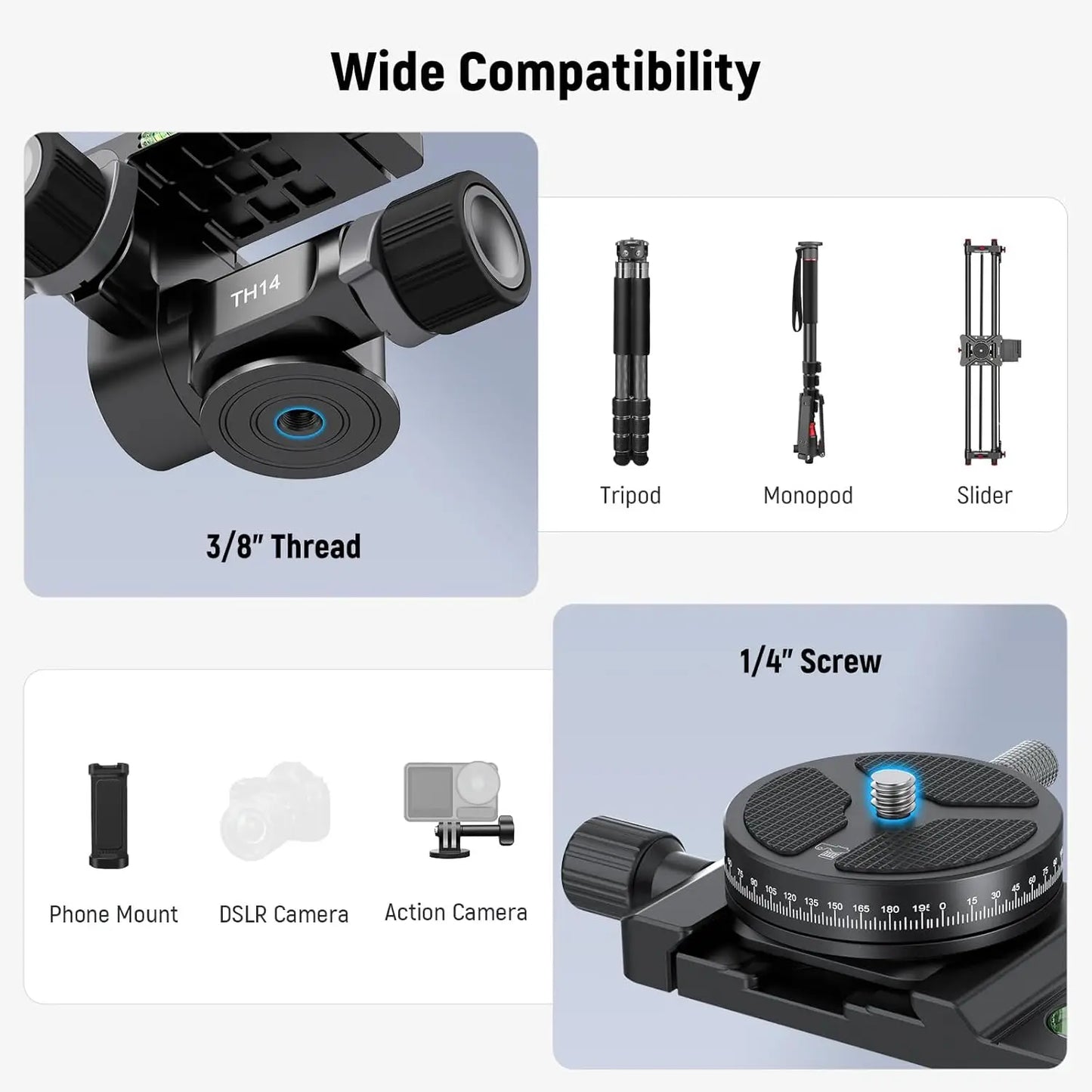 Fine Micro-Control 2-Way Tripod Head for Photography