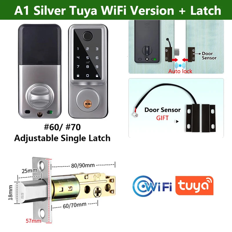 Silver Smart Fingerprint Door Lock with WiFi and Keypad