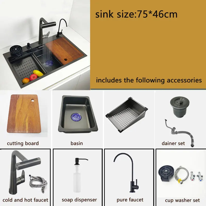 75x46cm Stainless Steel Kitchen Sink with Waterfall Faucet