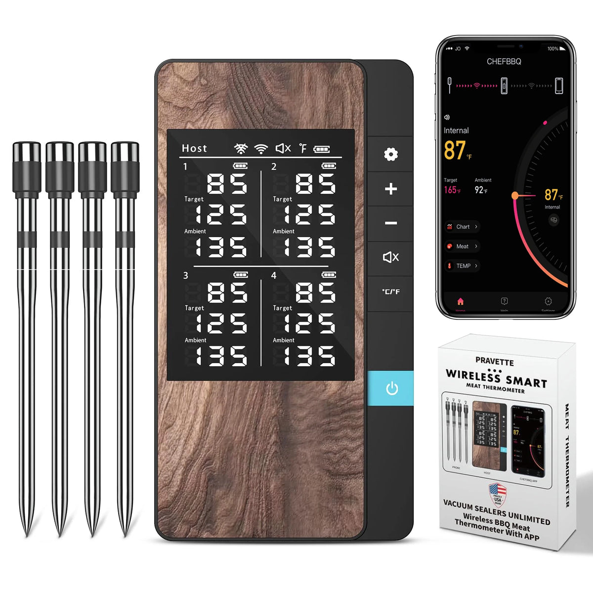 Wireless 4-Probe Bluetooth Meat Thermometer with LCD