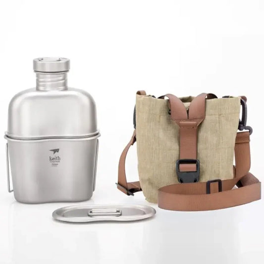 Titanium Camping Mess Kit with Water Bottle Ultralight Outdoor Set