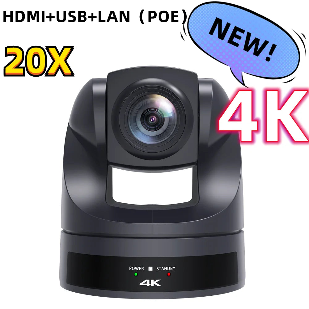 Black 4K PTZ Video Camera AI Tracking 30/60fps