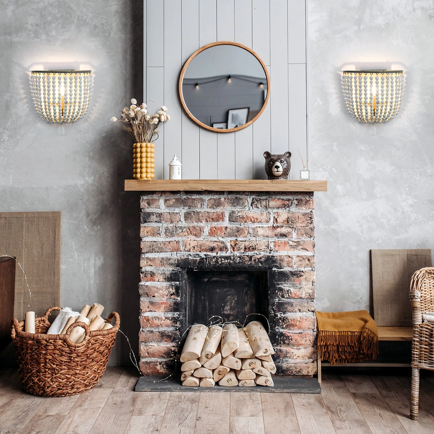 Vintage Industrial Wall Light White Wooden Bead 2 Pack