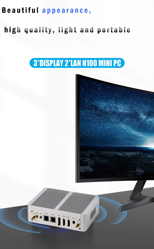Fanless Quad-Core Mini PC 3-Display Support