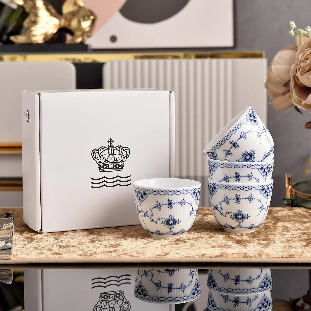 Blue Porcelain Tea Cup and Saucer Set 4pcs