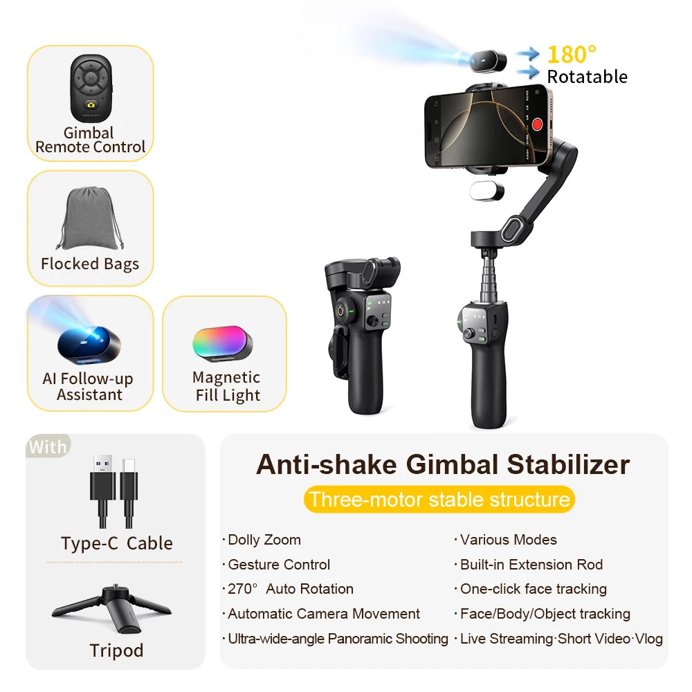 Travel Gimbal Kit with Selfie Stick for iPhone Android Black