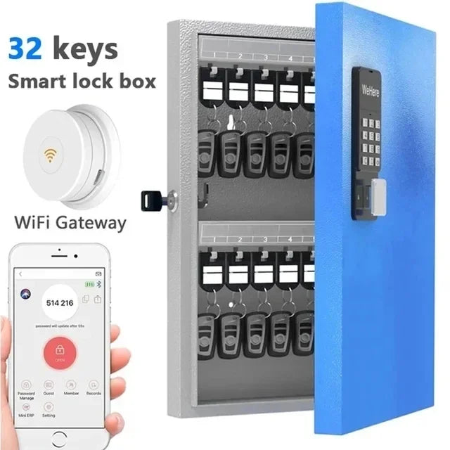 WiFi-Enabled 32-Key Wall Mounted Lock Box Blue
