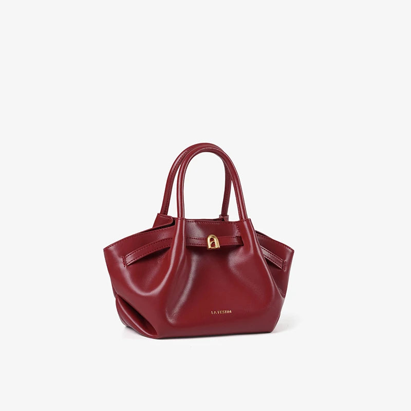 Burgundy Leather Bucket Shoulder Bag Small Crossbody Purse