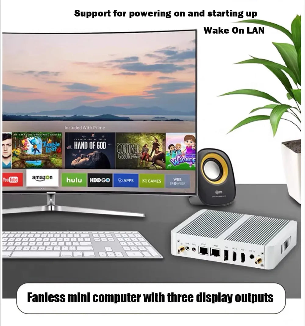 Fanless Quad-Core Mini PC 3-Display Support