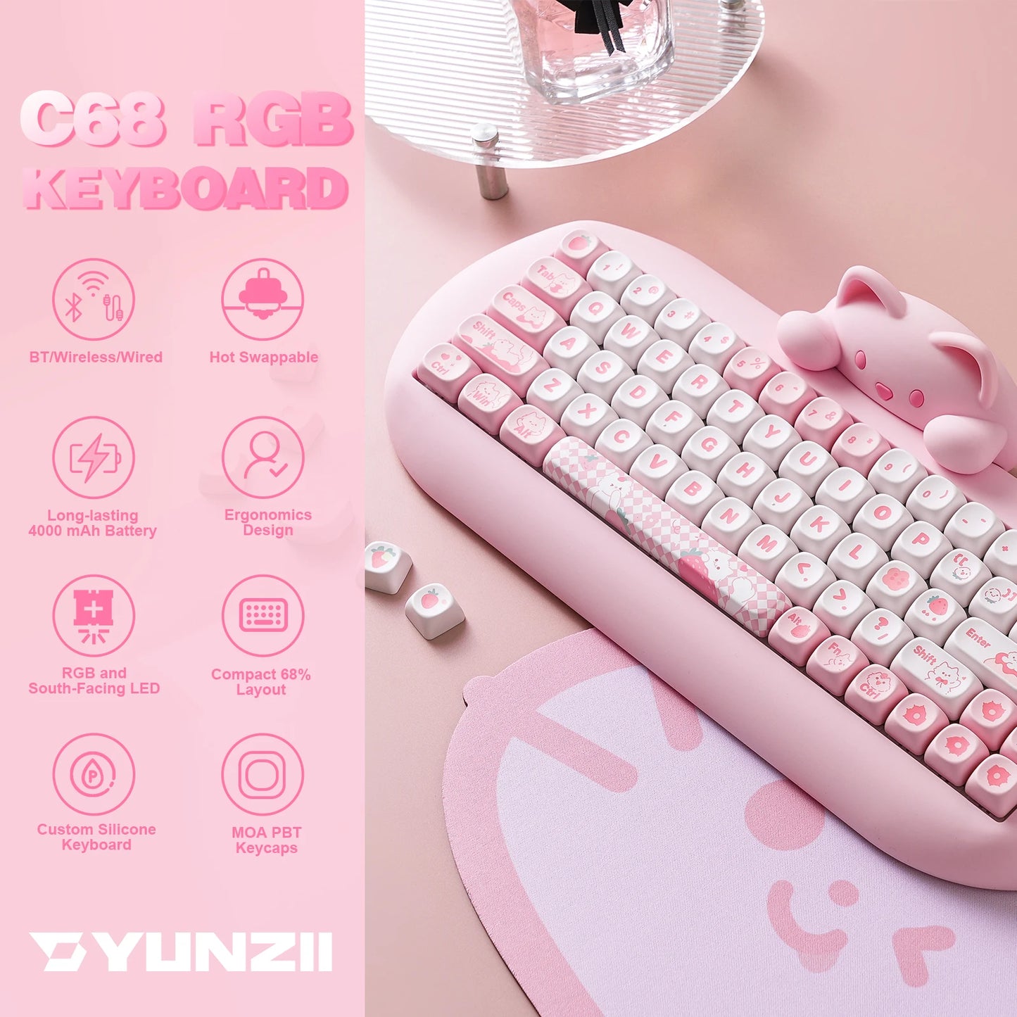 Cute Cat Wireless RGB Mechanical Gaming Keyboard Pink