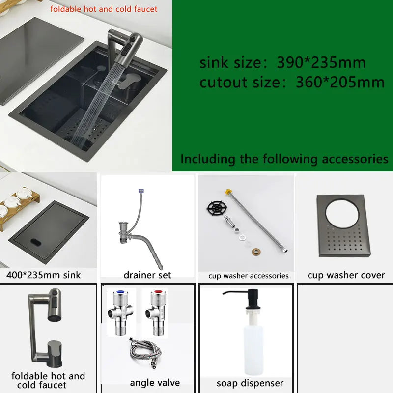 Matte Black Nano Kitchen Bar Sink with Cup Washer