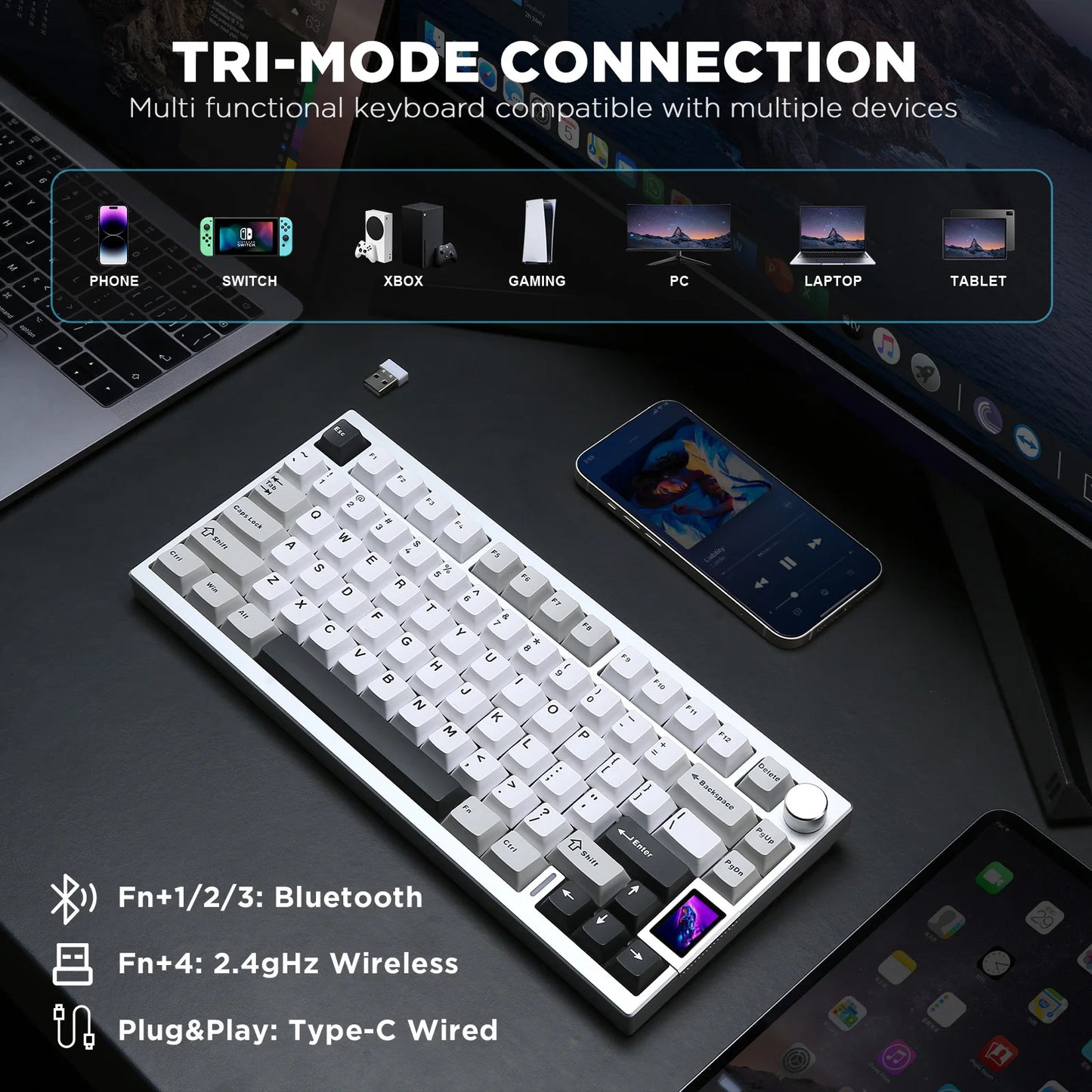 Silver Wireless Mechanical Keyboard with LCD Display