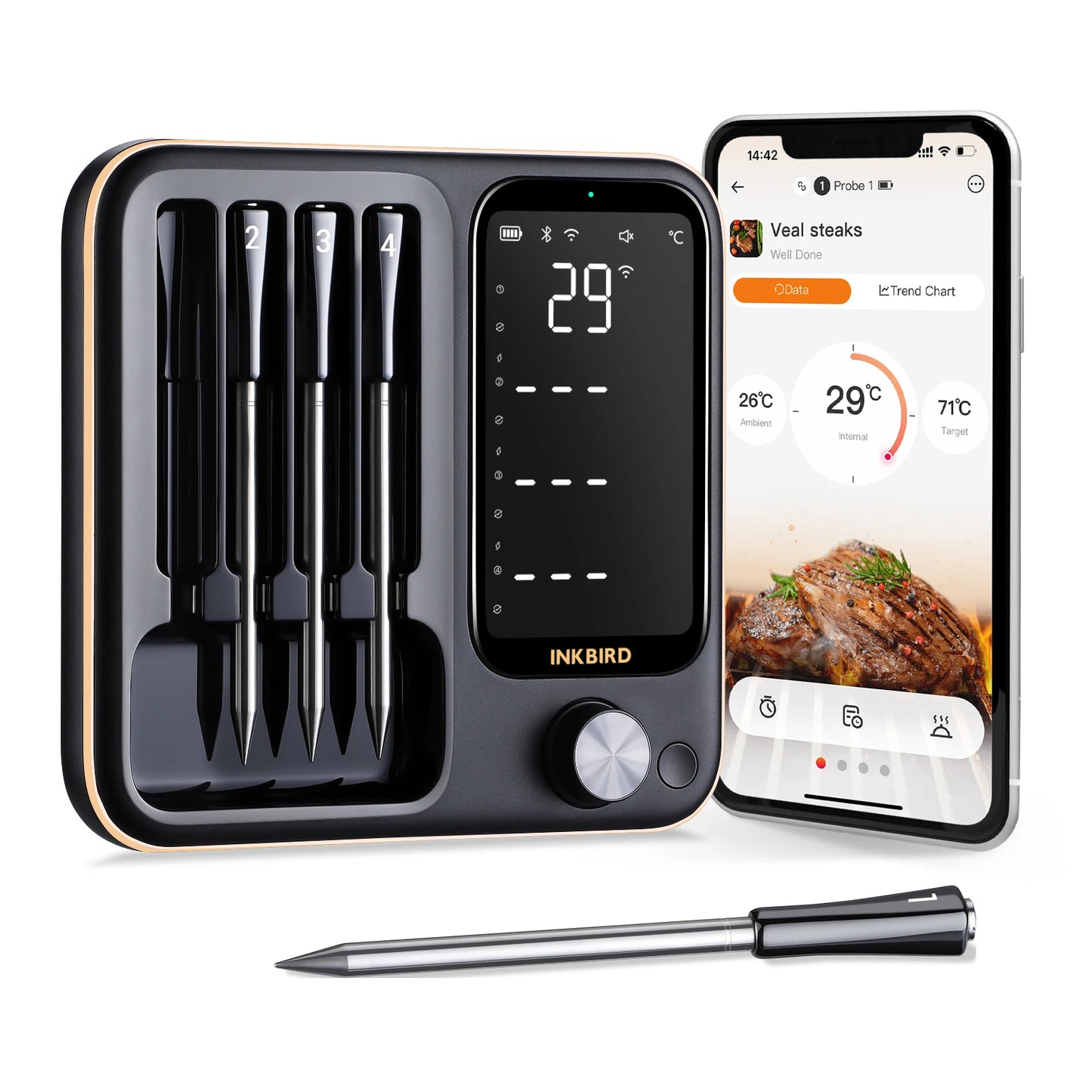 Wireless BBQ Thermometer 4 Probes WiFi Bluetooth IP67