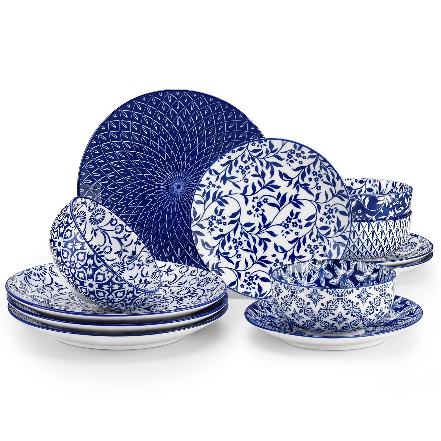 12 Piece Porcelain Dinner Set with Blue White Pattern