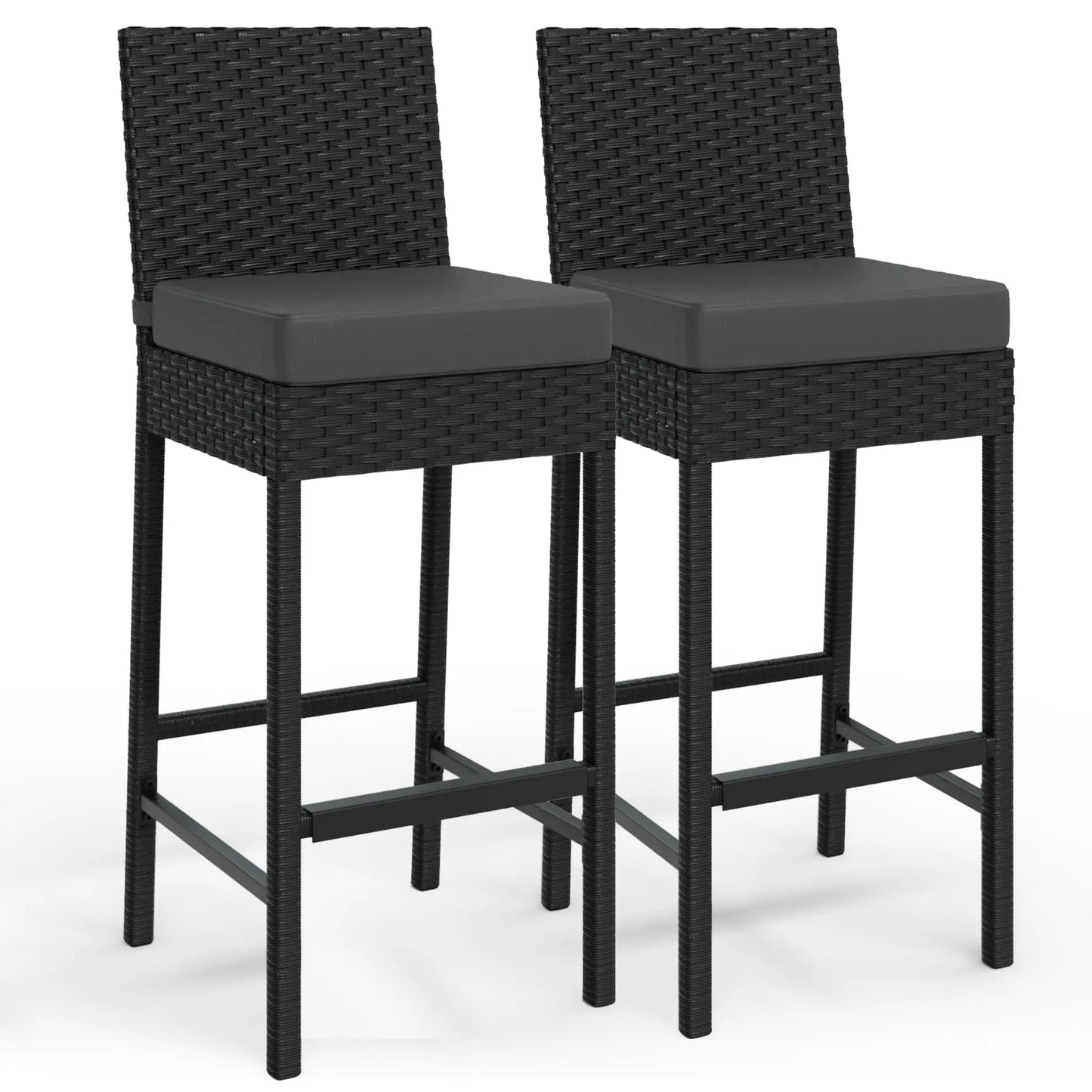 Dark Grey Outdoor Wicker Bar Stools Set with Cushions