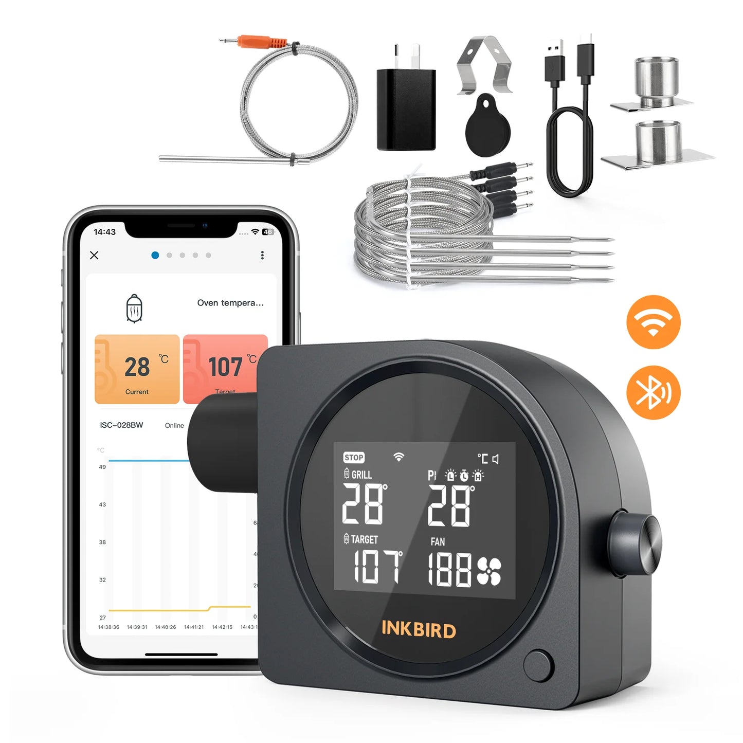 Smart WiFi Bluetooth Grill Temperature Controller with High-Low Alarms