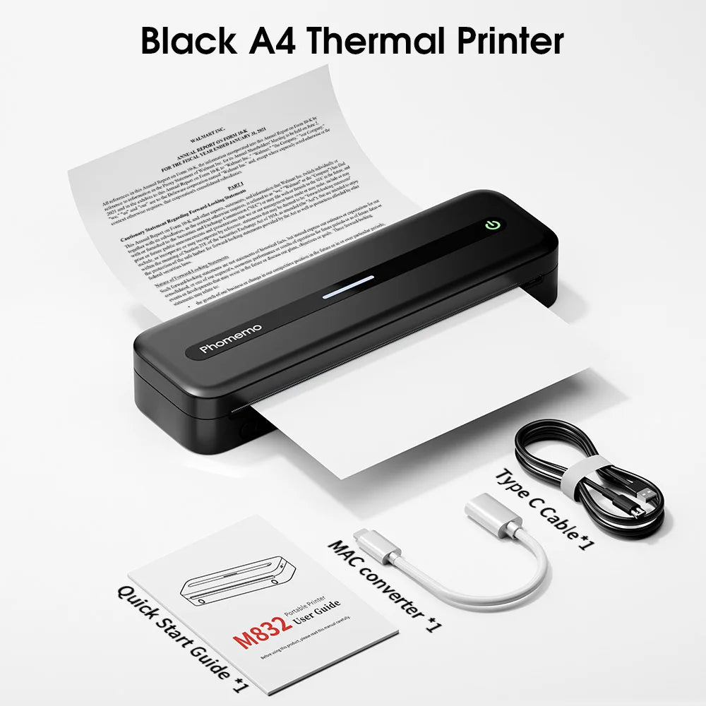 Black Portable Inkless A4 Thermal Printer for Mobile Printing