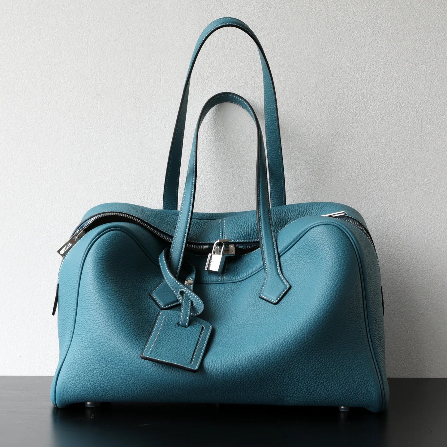 Large Leather Bowling Handbag Laptop Tote Work Bag Blue