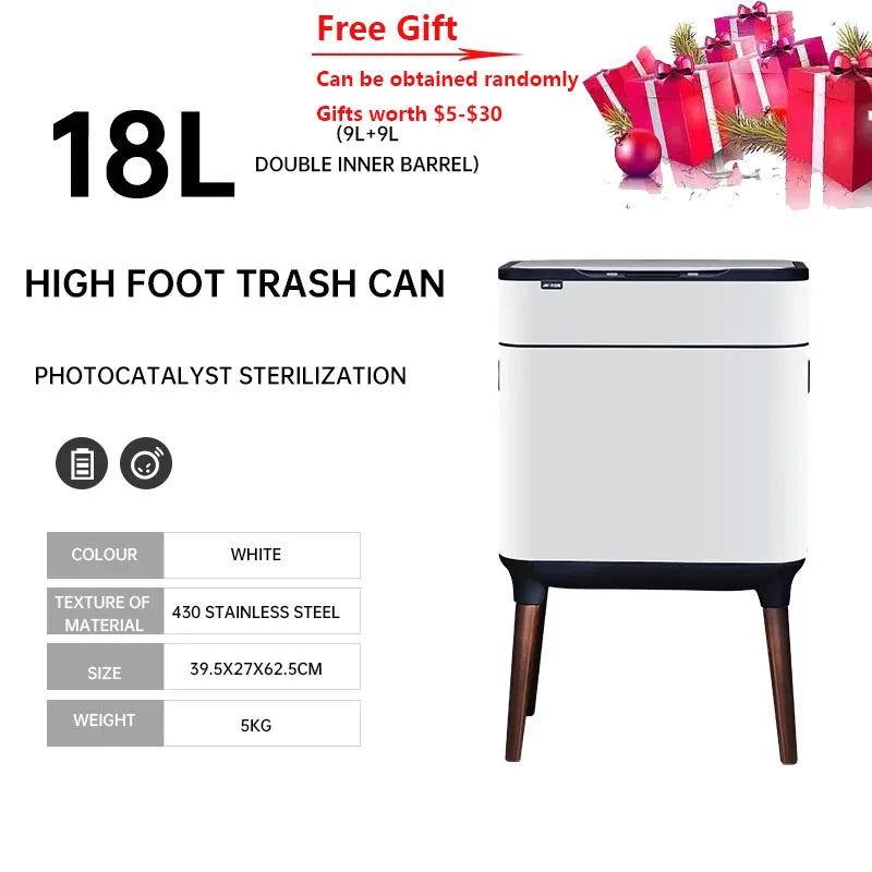 18L White Sensor Trash Bin Waterproof Kitchen