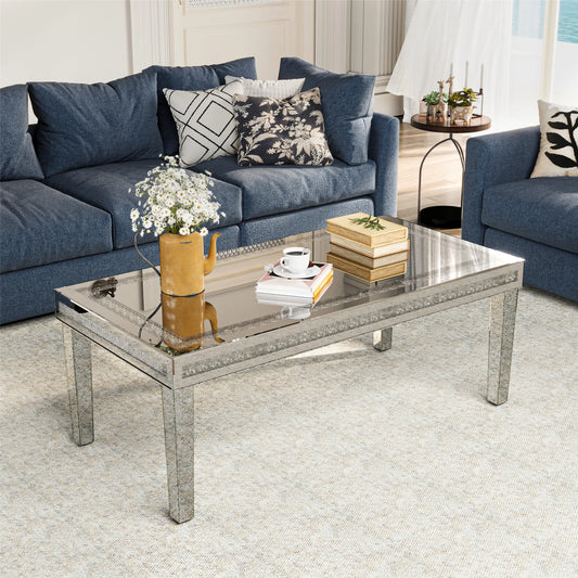 Modern Mirrored Coffee Table Crystal Inlay Silver Centre Table