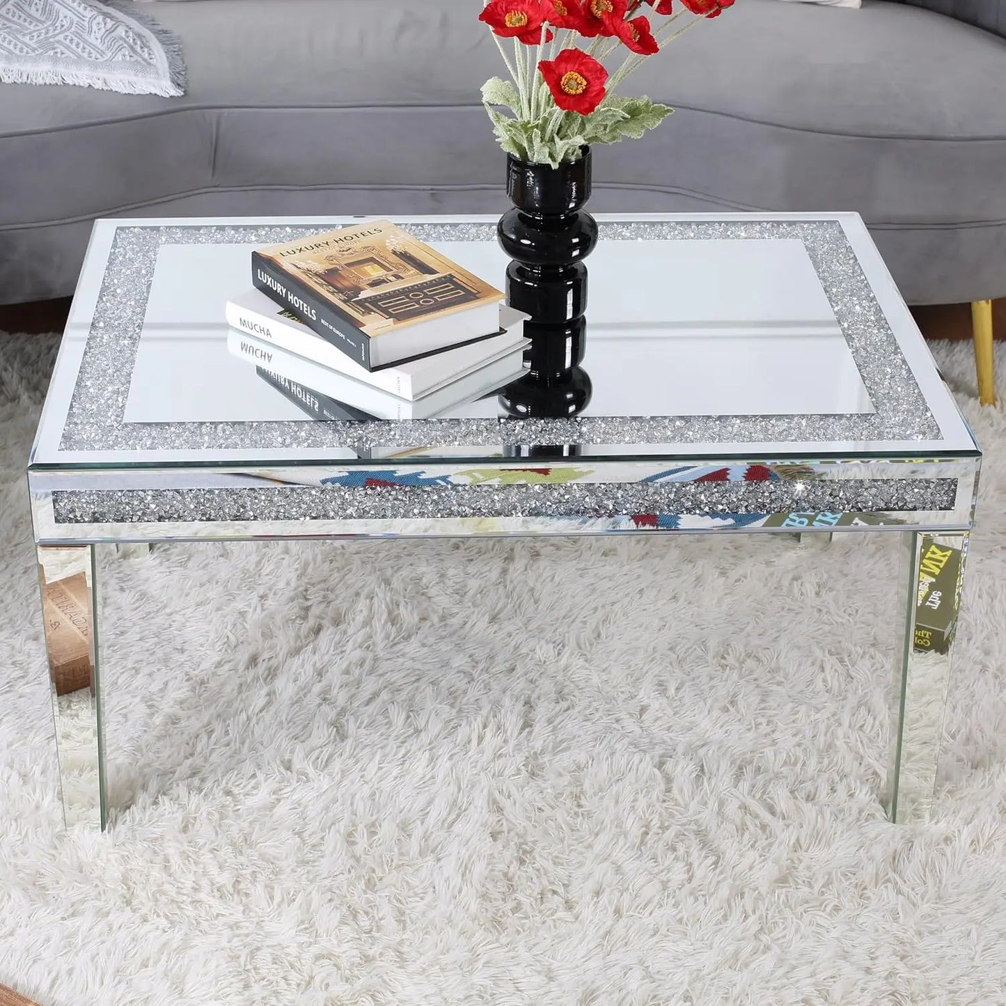 Modern Mirrored Coffee Table 120cm Crushed Crystal Centre Table