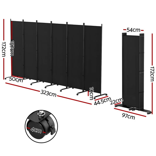 Portable Fabric Room Partition Screen 6 Panels Black