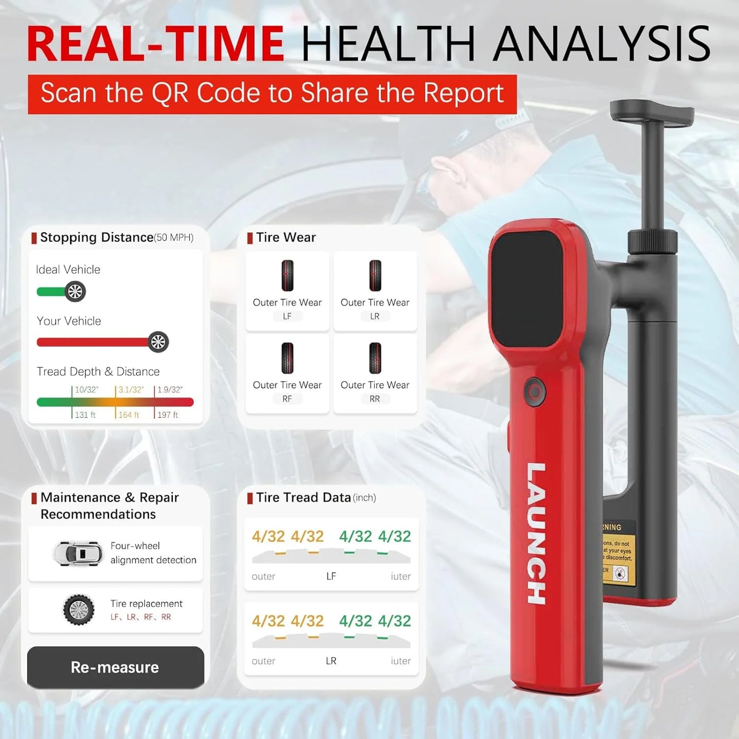 Handheld Laser Tire Tread Depth Gauge 0.1mm High Accuracy
