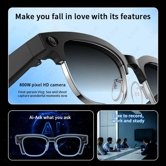 Rechargeable AI Smart Glasses 8MP Camera IP66 Bluetooth