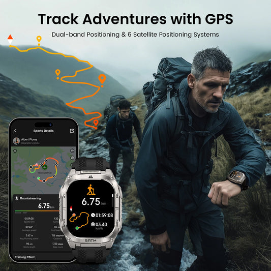 Silver Military Smartwatch GPS Health Tracker Flashlight