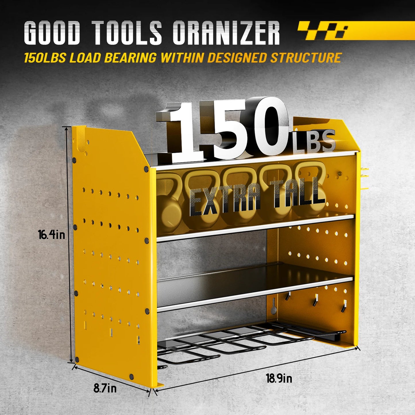 Wall Mounted Tool Storage Rack with Pegboard Side Panels