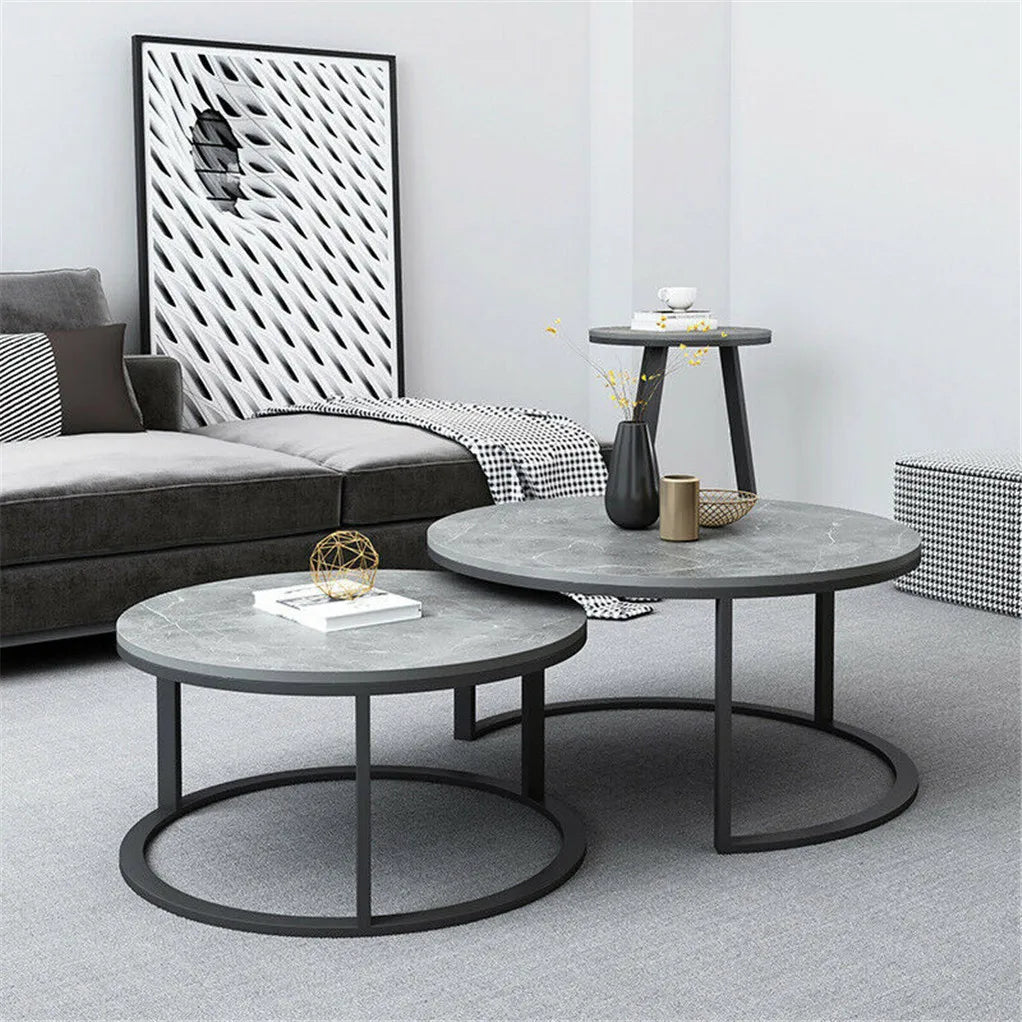 2-in-1 Round Marble Side Table Set Metal Frame Design