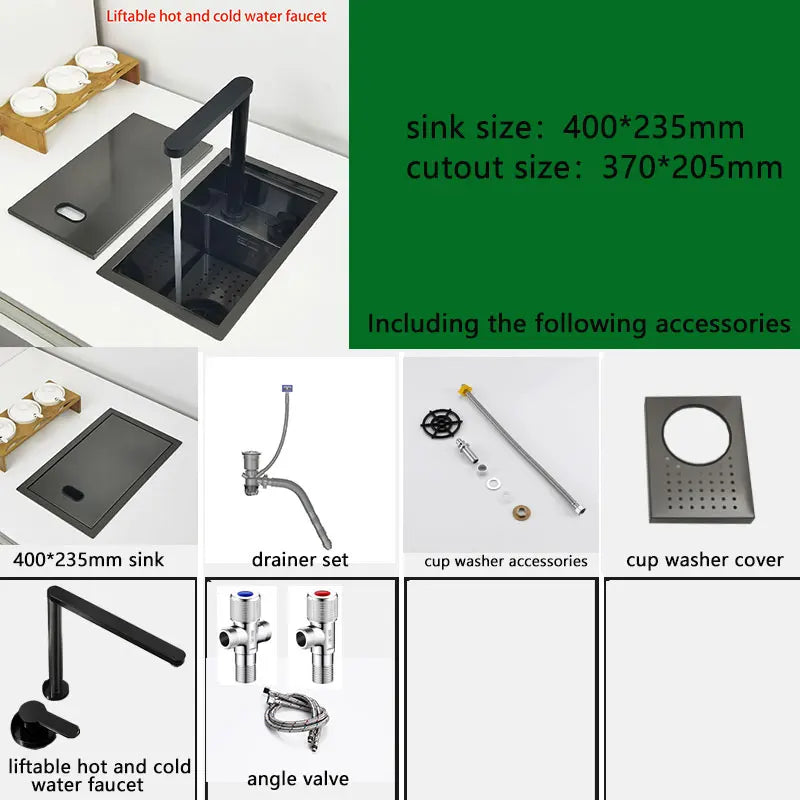 Mini Kitchen Sink Matte Black Pull-Out Faucet