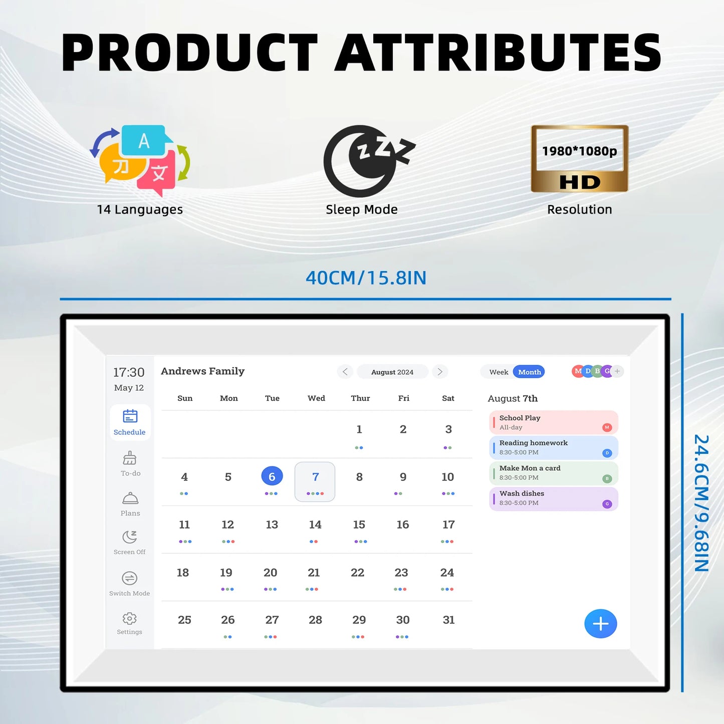 3 in 1 Digital Family Calendar with Photo Display 15.6"