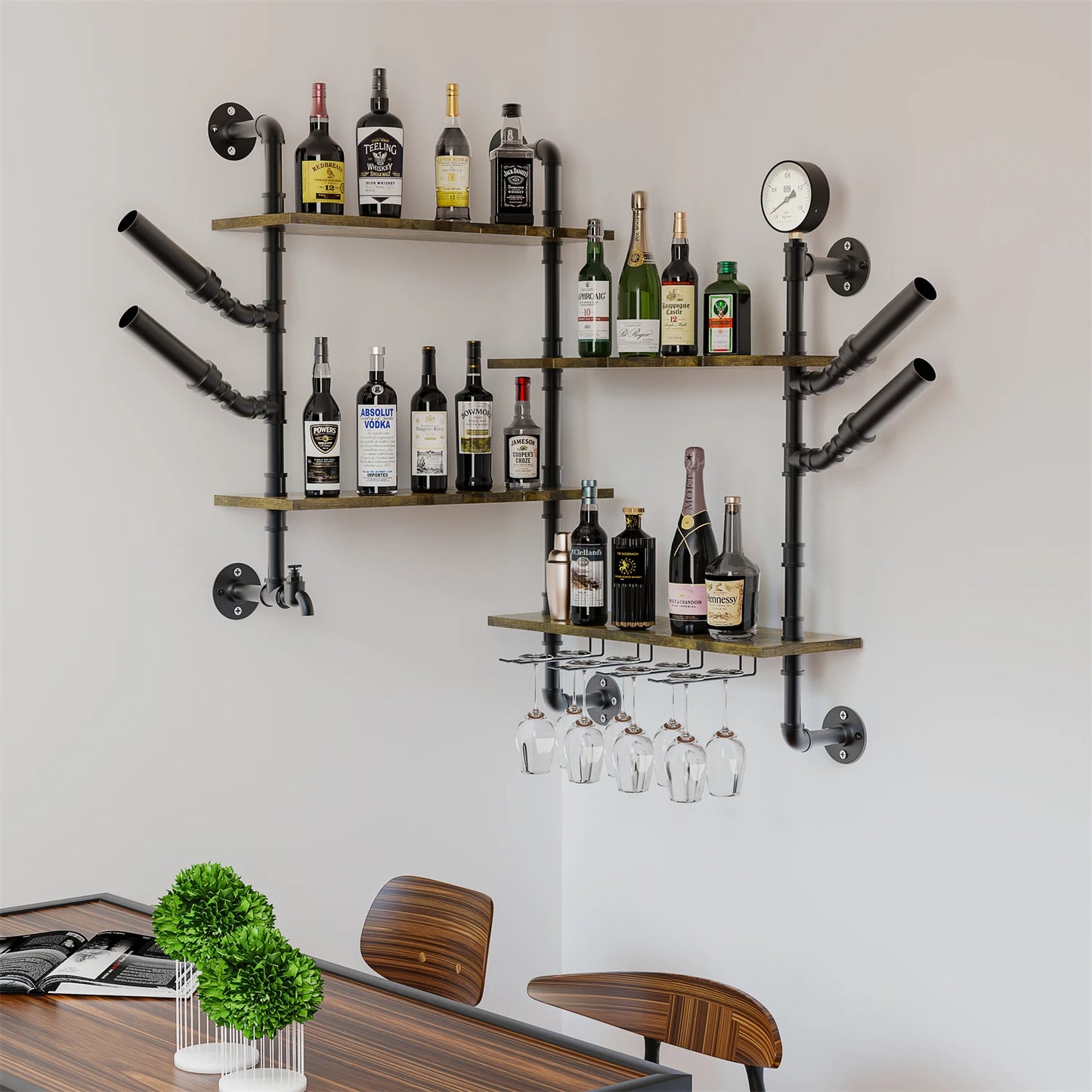 Pipe Bar Liquor Shelf with Wine Glass Holder