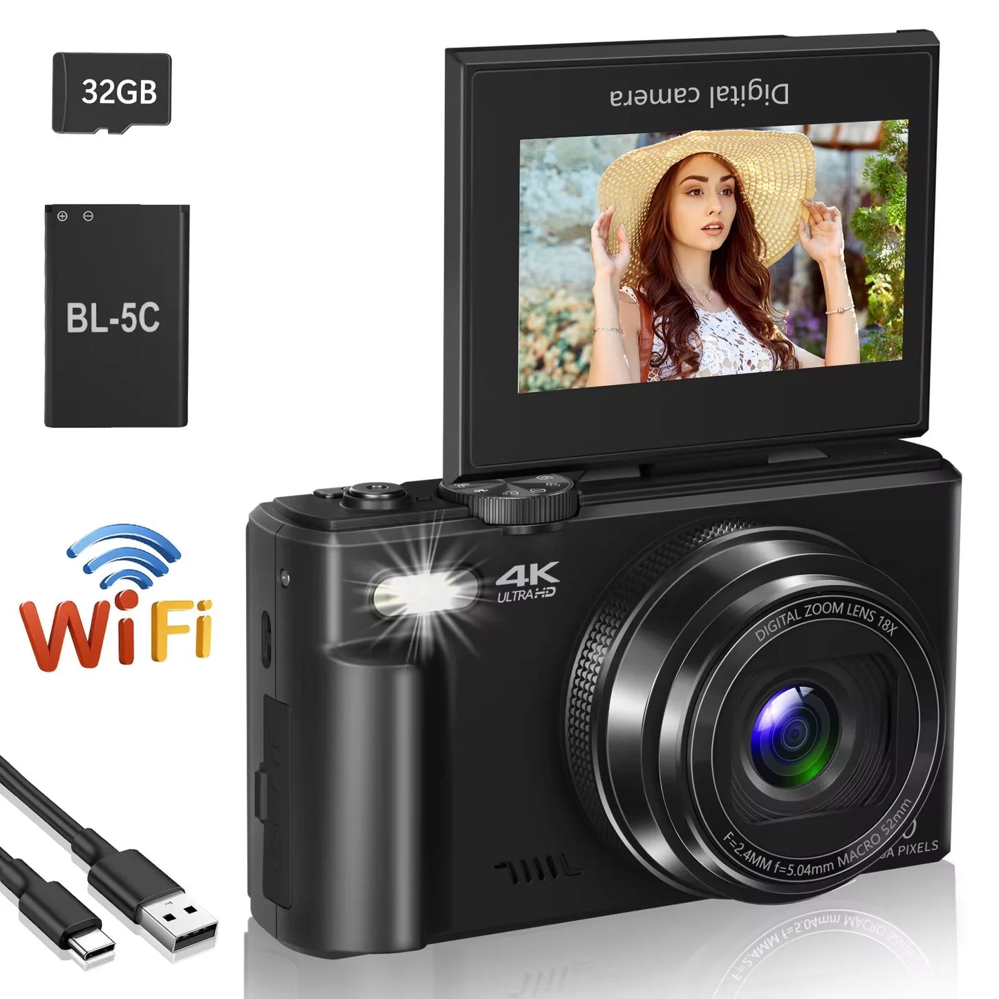 Compact 4K Camera Black 32GB WiFi Flip Screen
