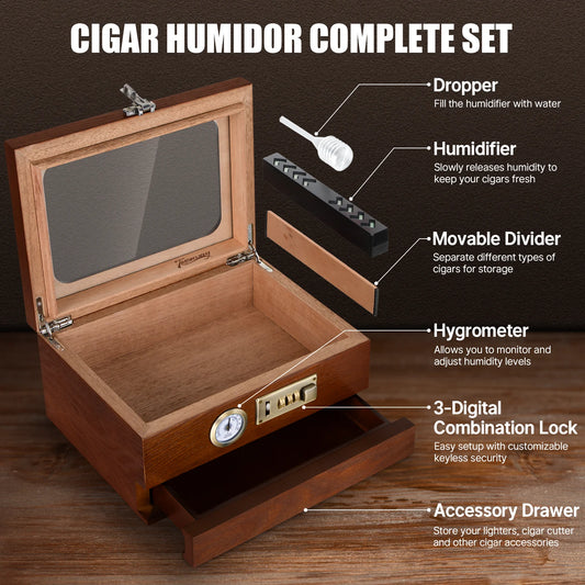 Brown Cedar Wood Cigar Humidor with Glass Top & Hygrometer