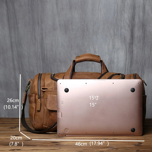 Classic Brown Leather Travel Bag Spacious Laptop Messenger