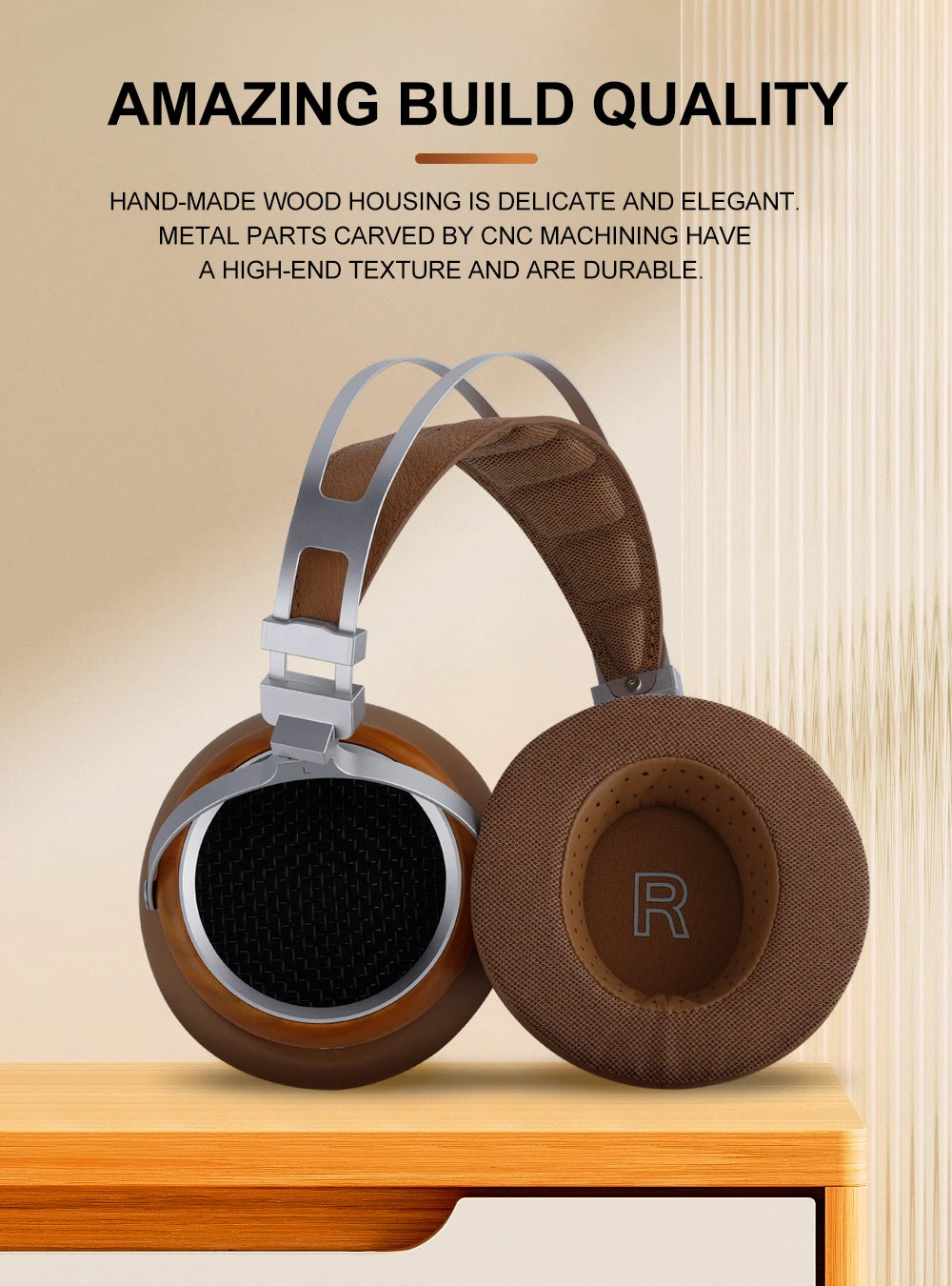 Hi-Fi 50mm Open-Back Wooden Headphones Brown