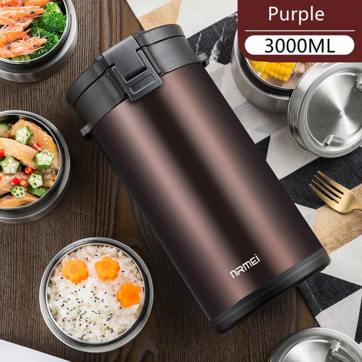 3000ML Leakproof Stainless Steel Lunch Box Purple