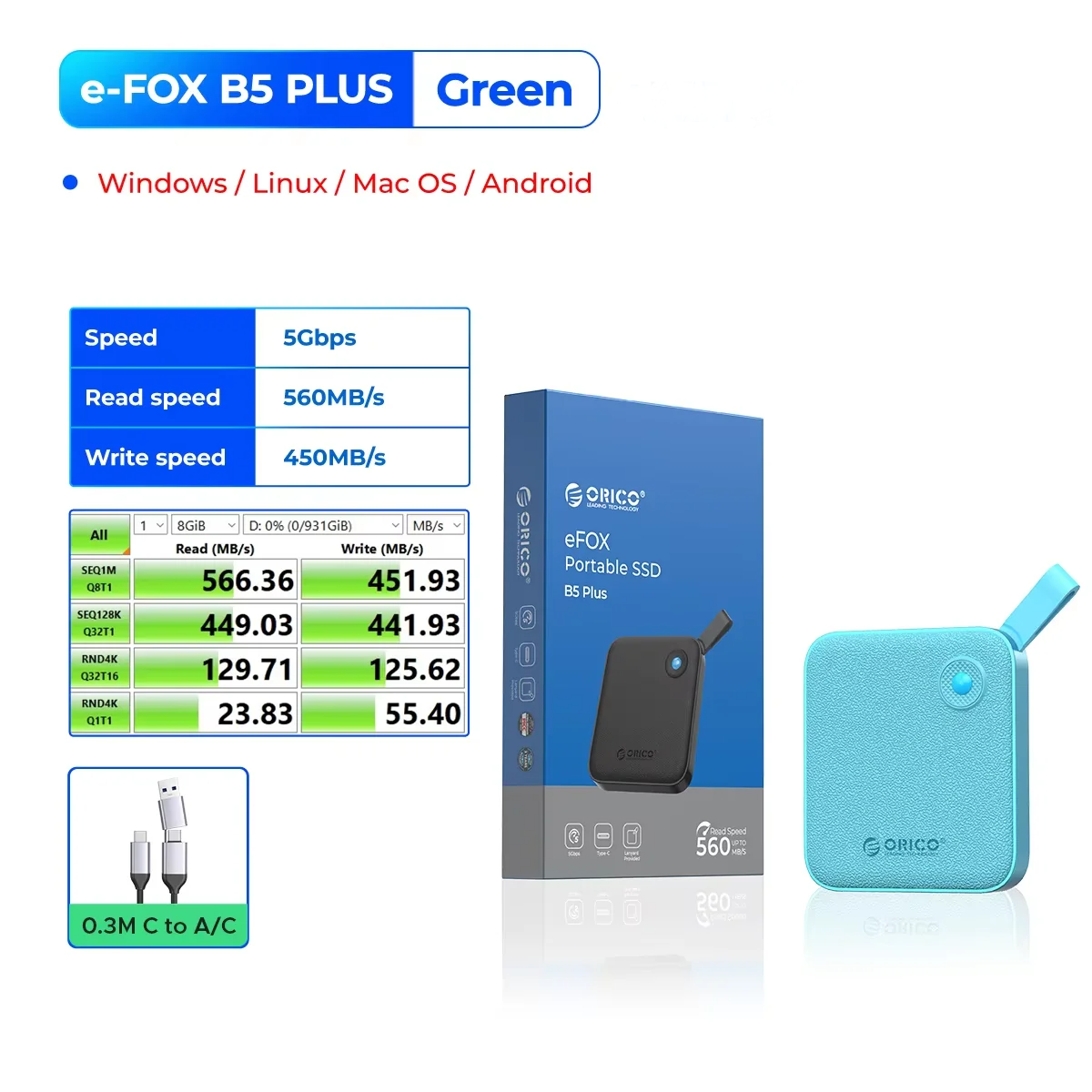 Lightweight 1TB USB 3.2 External SSD for Mac and Windows